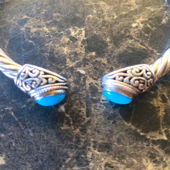 Samuel B. Sterling Silver 18K Gold with Turquoise Stones Hinged Cuff Bracelet - Picture 5 of 9